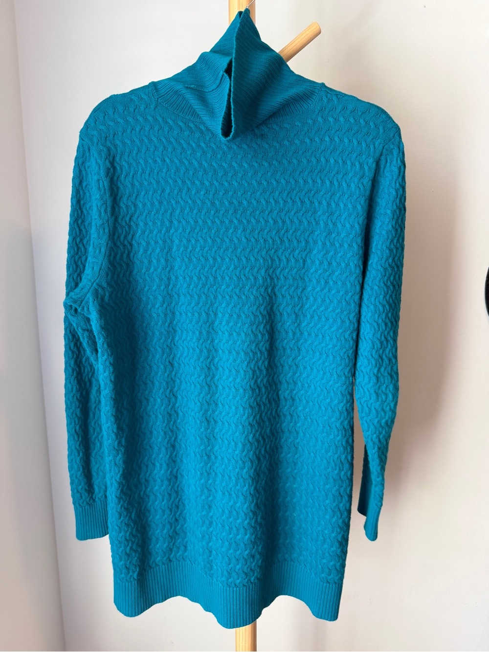 Lands End Teal Basket Weave Knit Turtleneck Sweater Women’s Large 100% Cotton